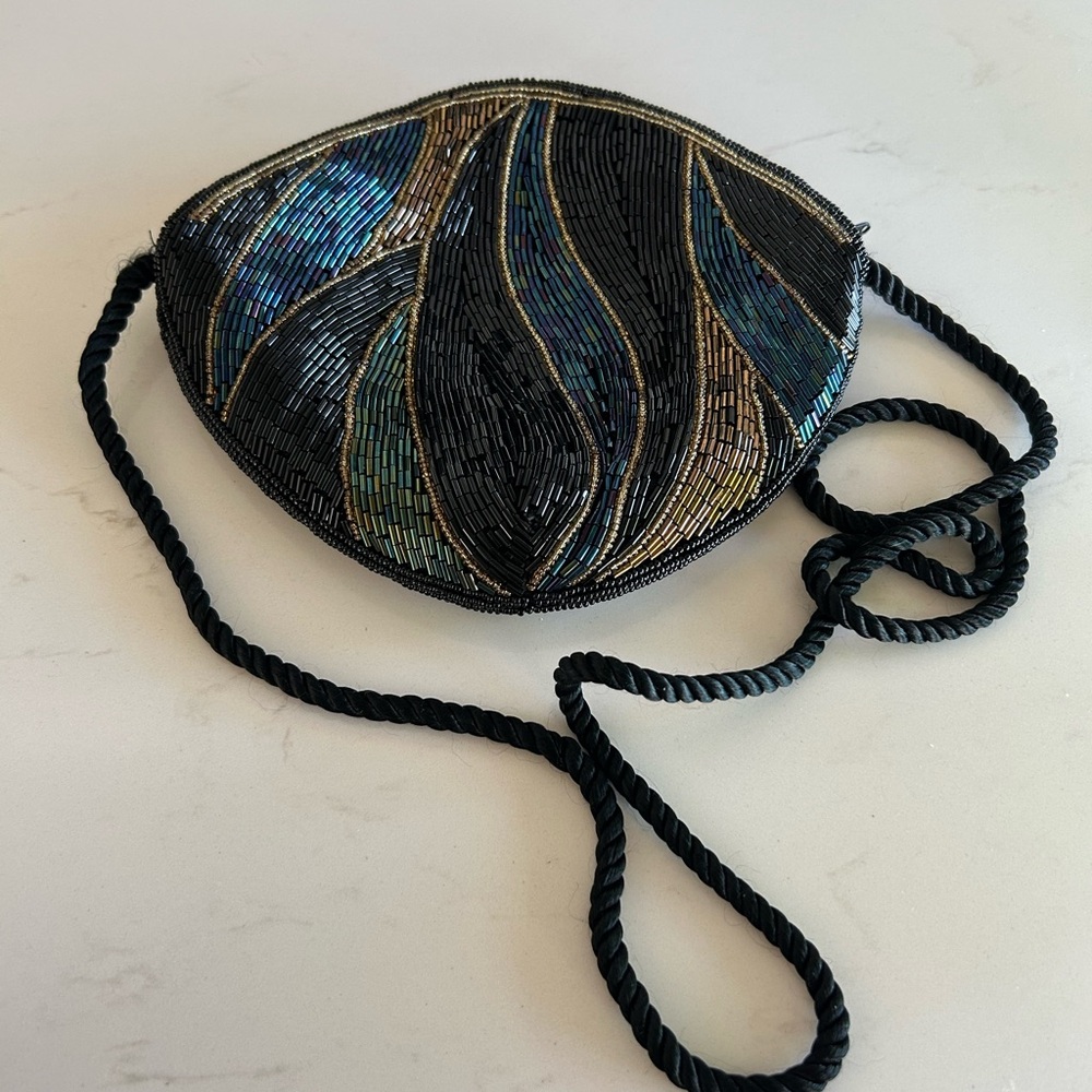 Vintage Beaded Black and Blue Evening Bag - Art Deco Style - Picture 5 of 9